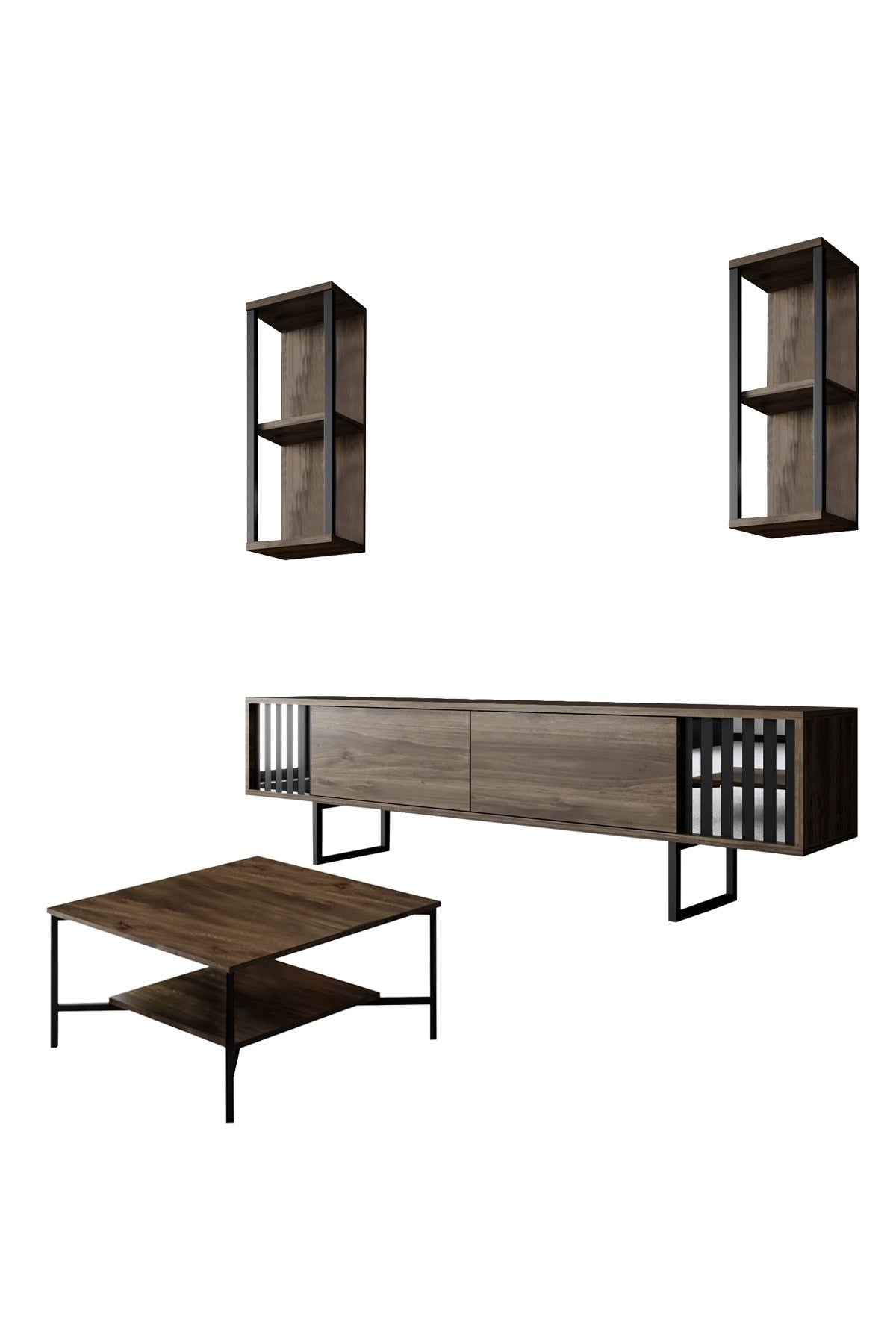 Meubelsets - Meubelset Walnoot - Zwart - Chrome Line - Salontafel + TV Meubel - Dimehouse