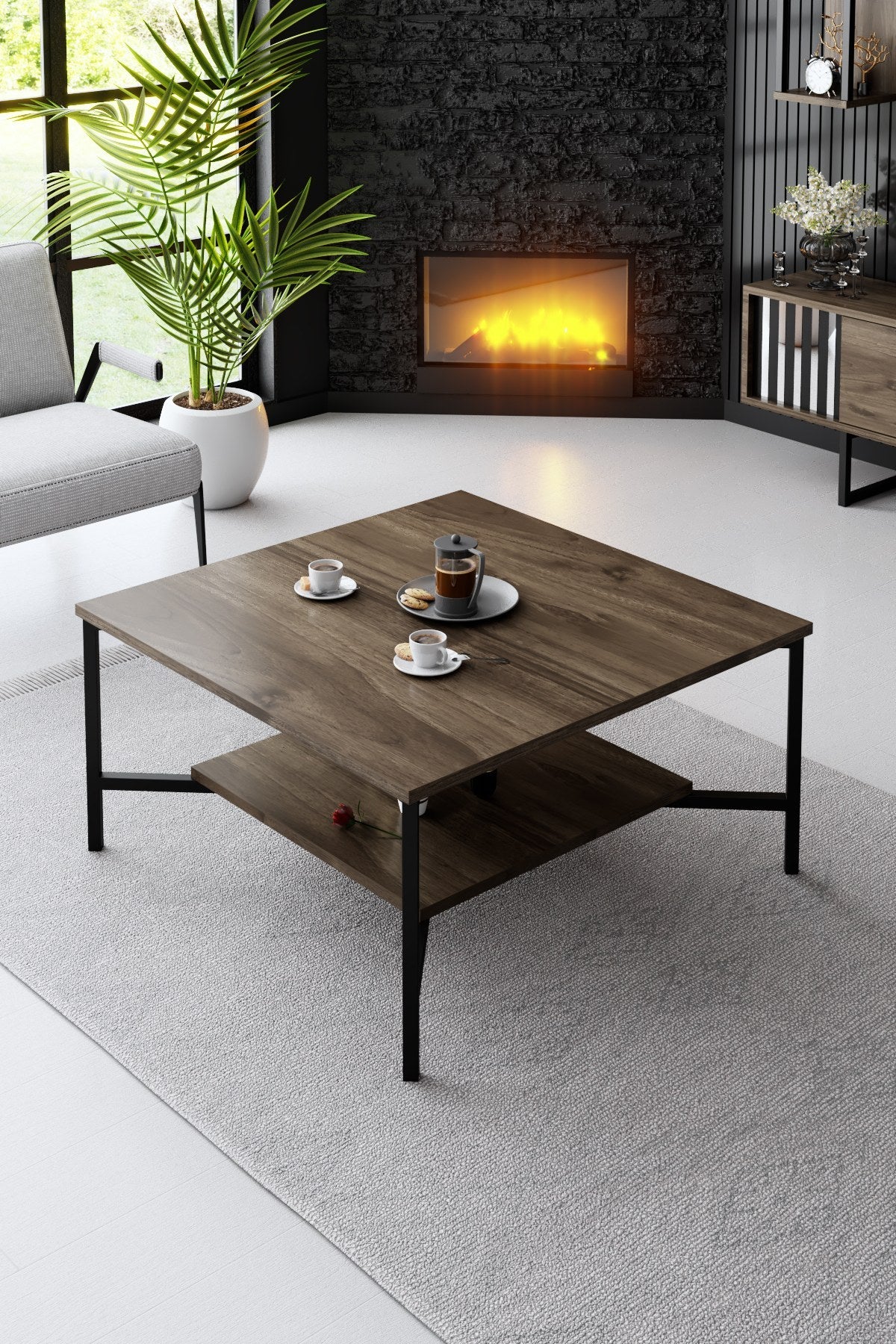 Meubelsets - Meubelset Walnoot - Zwart - Chrome Line - Salontafel + TV Meubel - Dimehouse