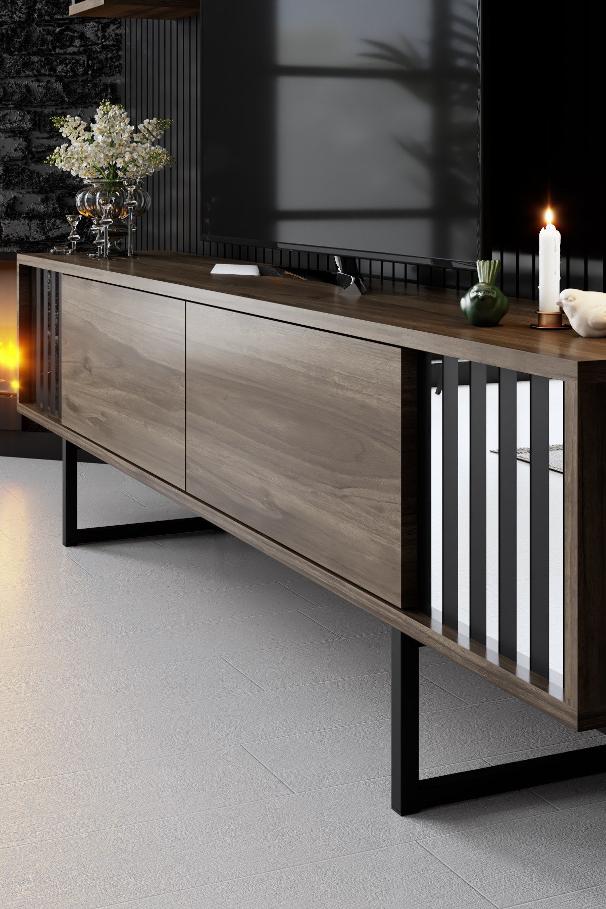 Meubelsets - Meubelset Walnoot - Zwart - Chrome Line - Salontafel + TV Meubel - Dimehouse