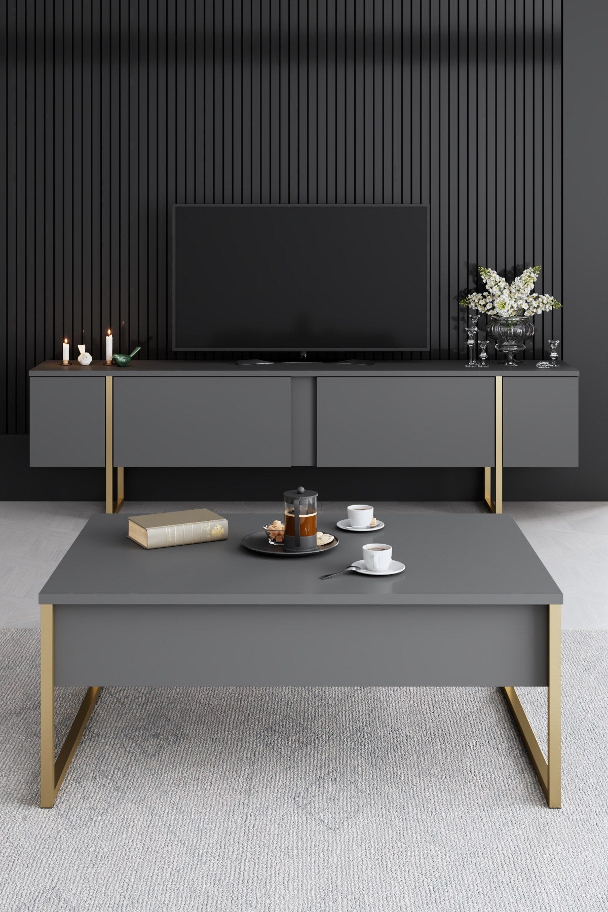 Conjunto-de-muebles-Antracita-Lujo---Mesa-de-centro-+-Mueble-TV-+-Aparador---Marco-Dorado