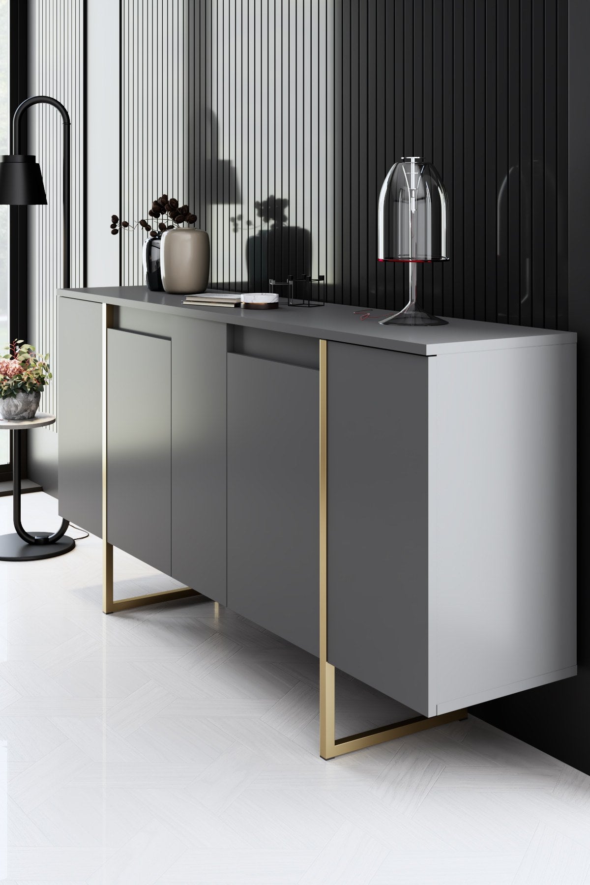 Conjunto-de-muebles-Antracita-Lujo---Mesa-de-centro-+-Mueble-TV-+-Aparador---Marco-Dorado