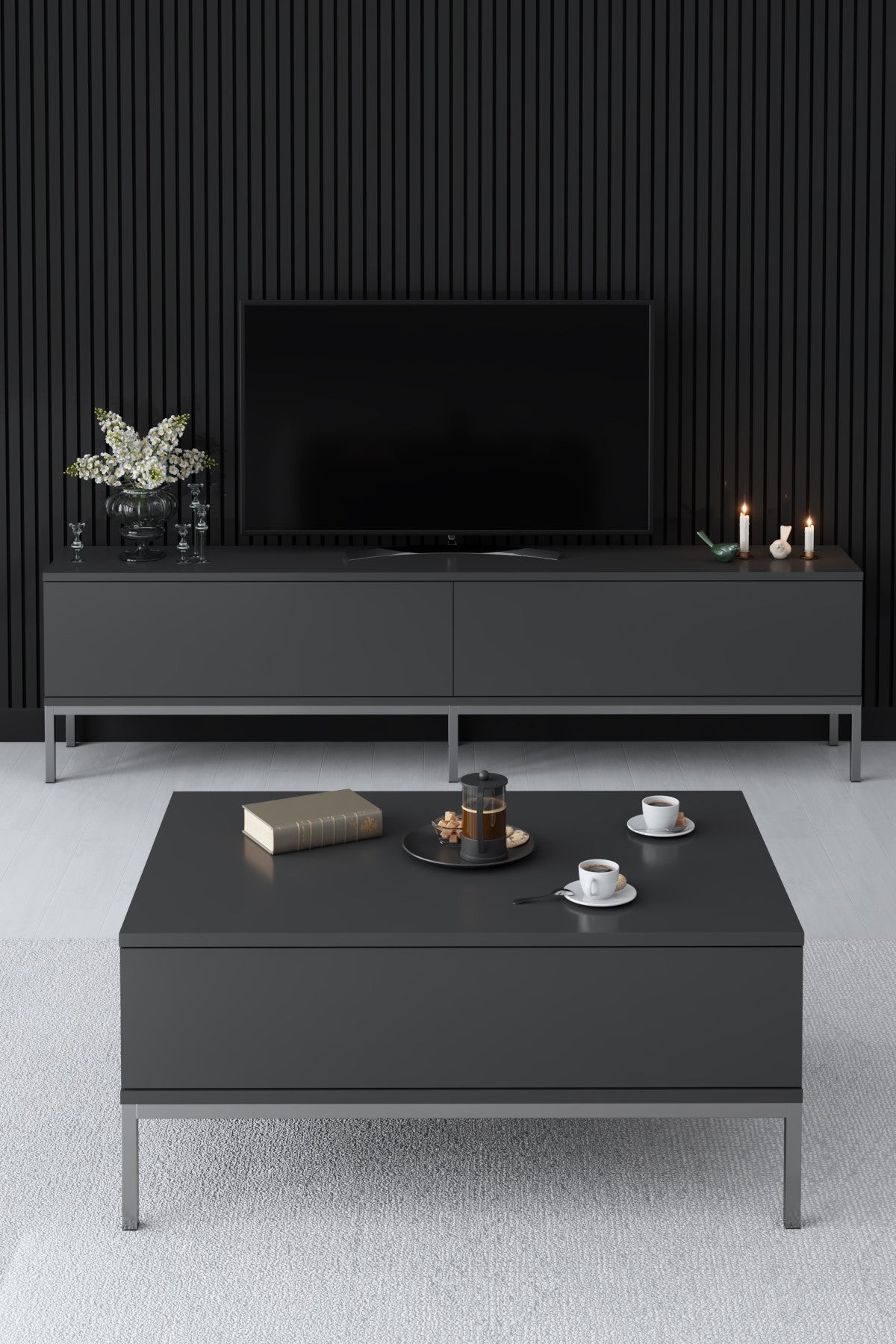 Meubelsets - Meubelset Antraciet Lord - Salontafel + TV Meubel + Dressoir - Zilver Frame - Dimehouse