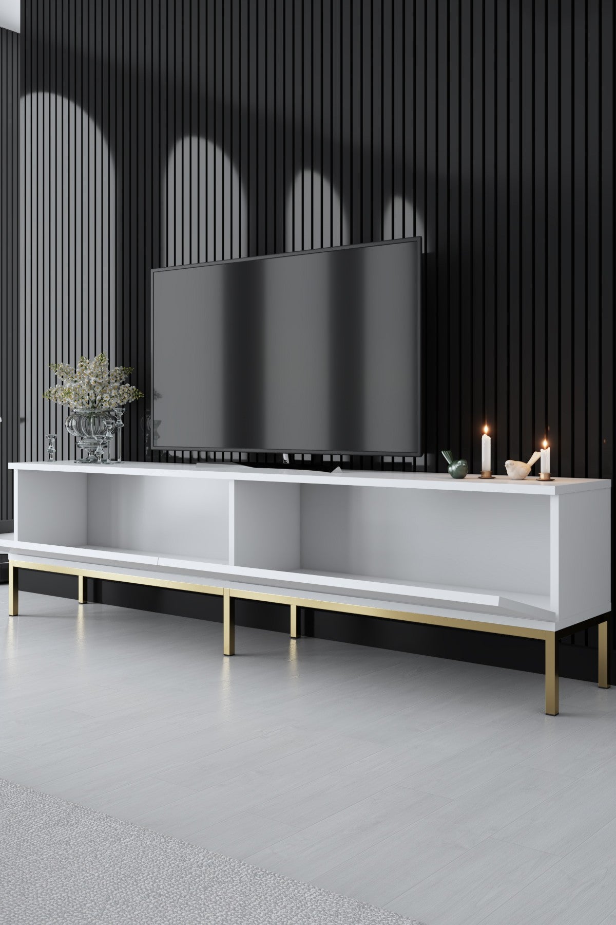 TV Meubels - TV Meubel Lord Wit Goud Melamine 180x47x30 cm - Dimehouse