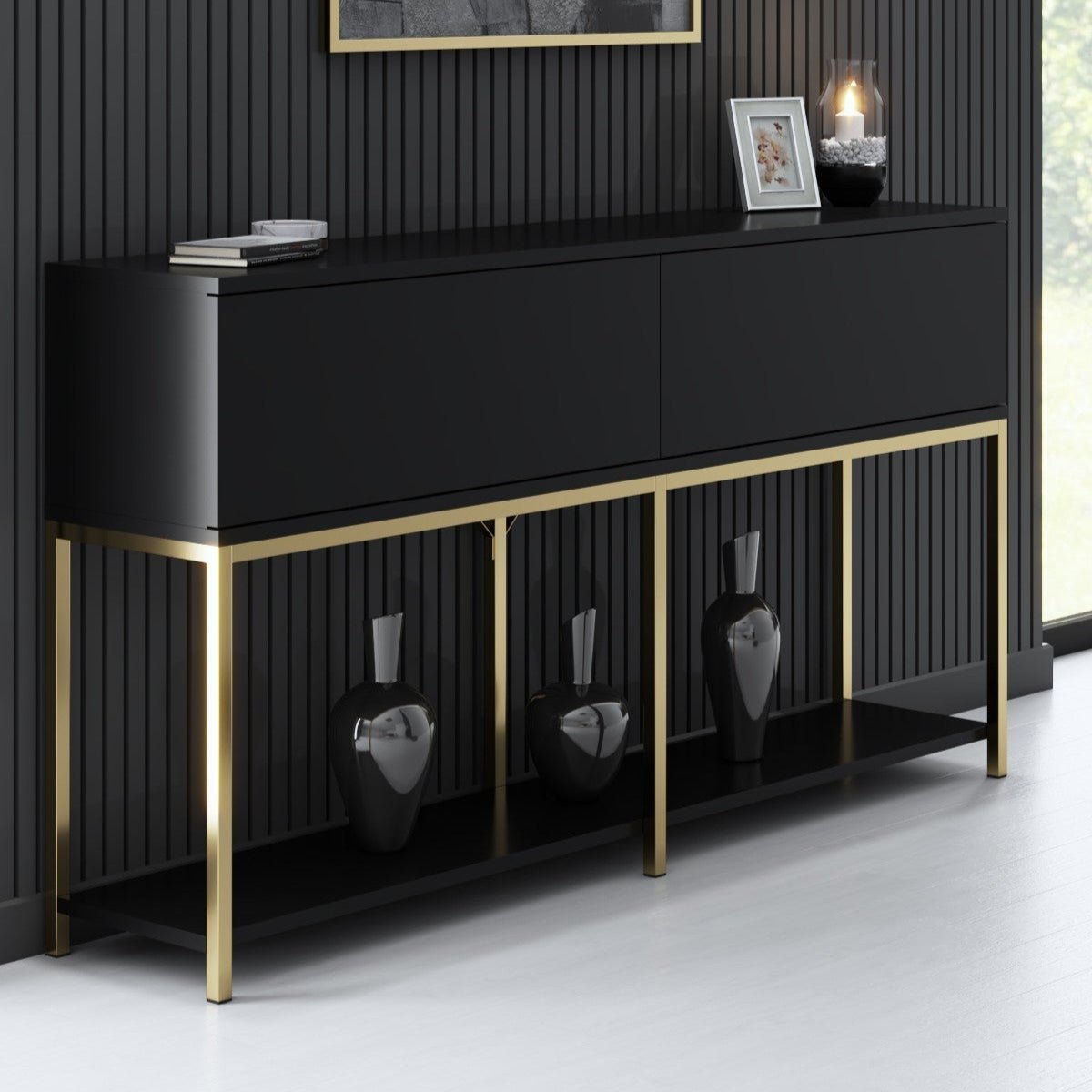 Dressoirs - Modern Dressoir Zwart Lord 150x30x80 - Gouden Frame - Twee Vakken - Dimehouse