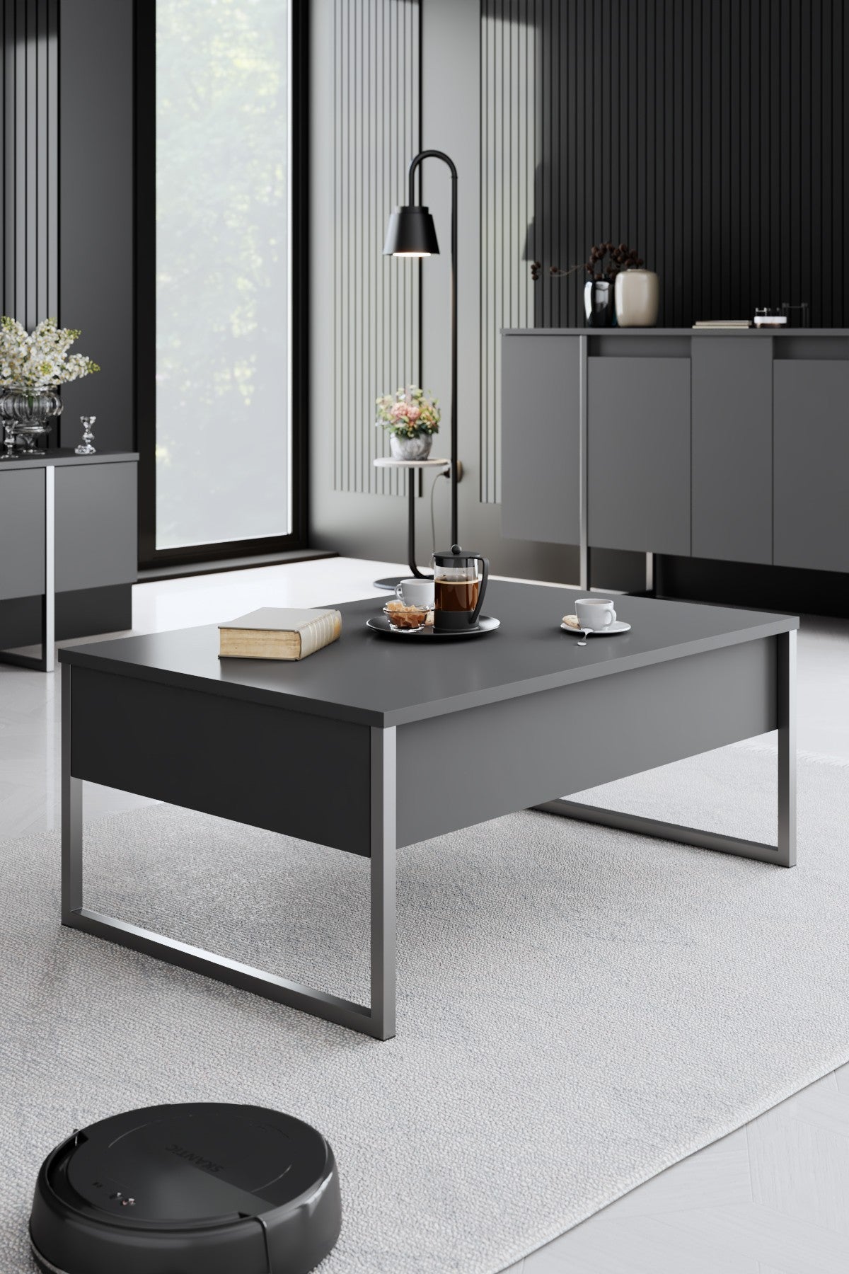 Meubelsets - Meubelset Antraciet Luxe - Salontafel + TV Meubel + Dressoir - Zilver Frame - Dimehouse