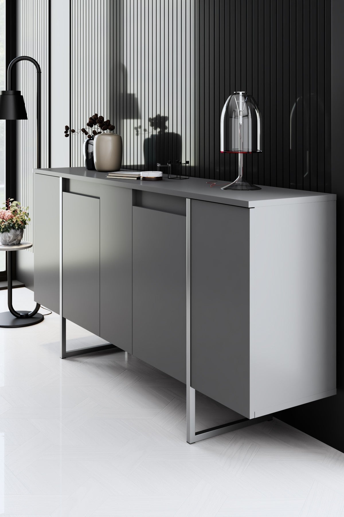 Meubelsets - Meubelset Antraciet Luxe - Salontafel + TV Meubel + Dressoir - Zilver Frame - Dimehouse
