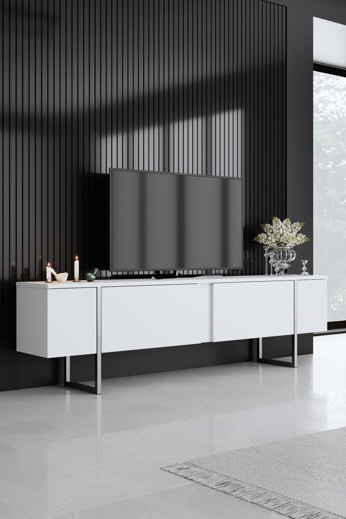Meubelsets - Meubelset Wit Luxe - Salontafel + TV Meubel + Dressoir Luxe - Zilver Frame - Dimehouse
