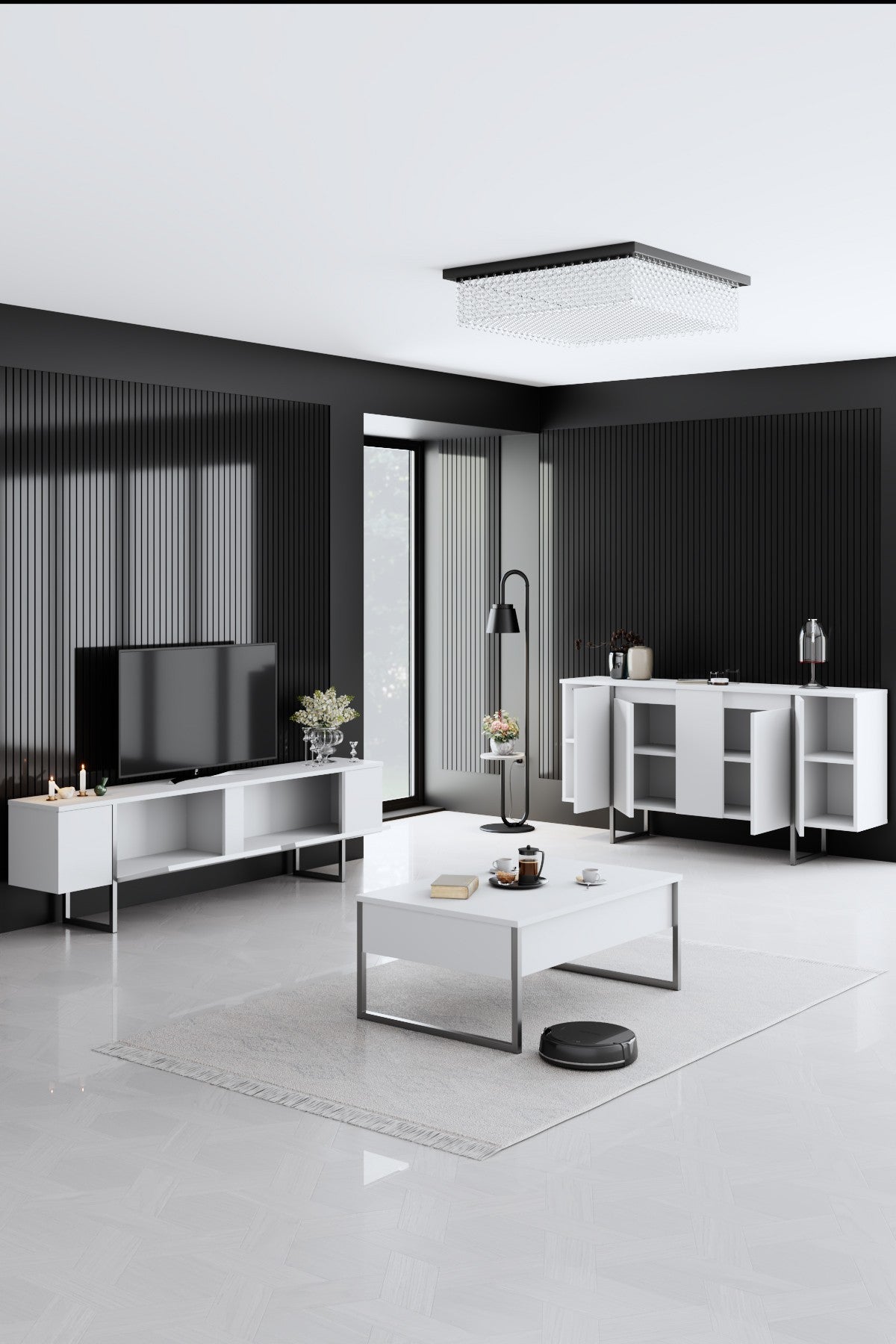 Meubelsets - Meubelset Wit Luxe - Salontafel + TV Meubel + Dressoir Luxe - Zilver Frame - Dimehouse