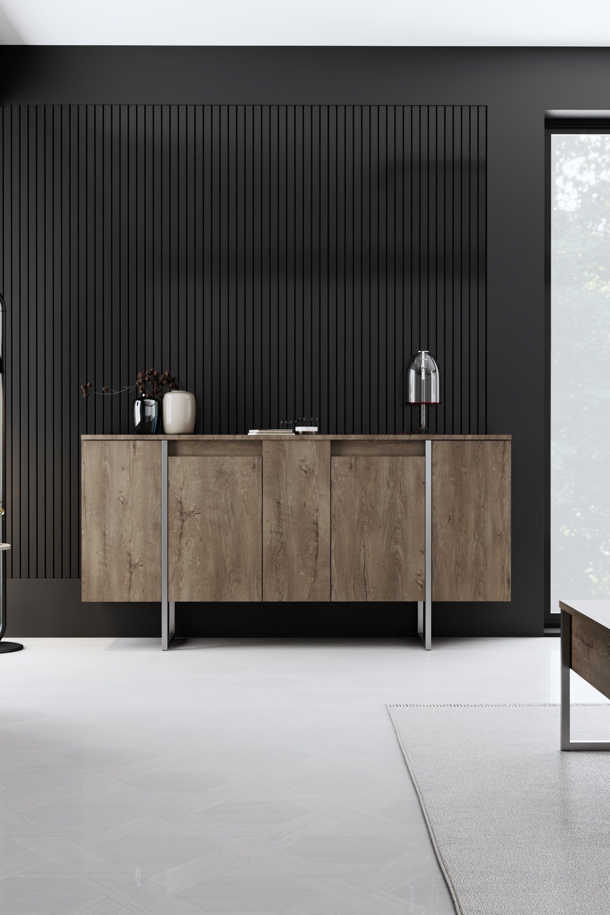 Meubelsets - Meubelset Walnoot Luxe - Salontafel + TV Meubel + Dressoir - Zilver Frame - Dimehouse