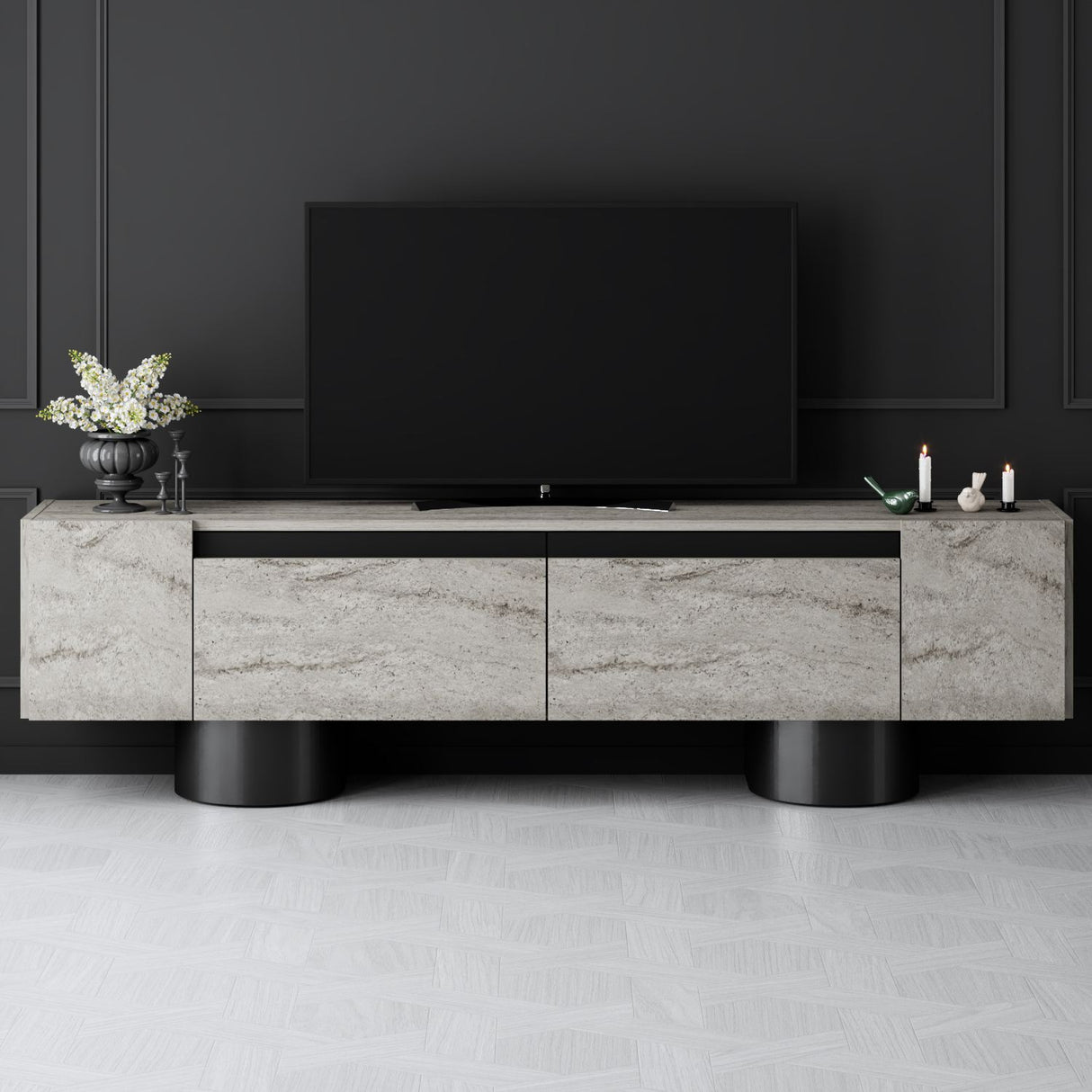 TV Meubels - TV Meubel Travertin Bohem 180x50x30 - Zwart Frame - Dimehouse