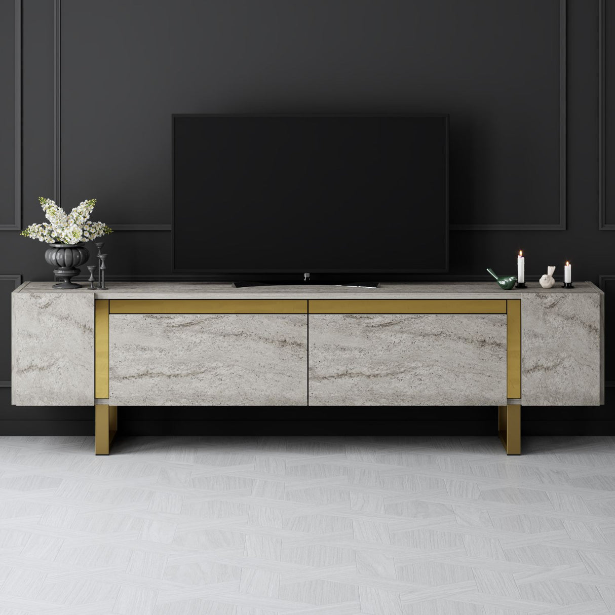 TV Meubels - TV Meubel Travertin Yildiz 180x50x30 - Gouden Frame - Dimehouse