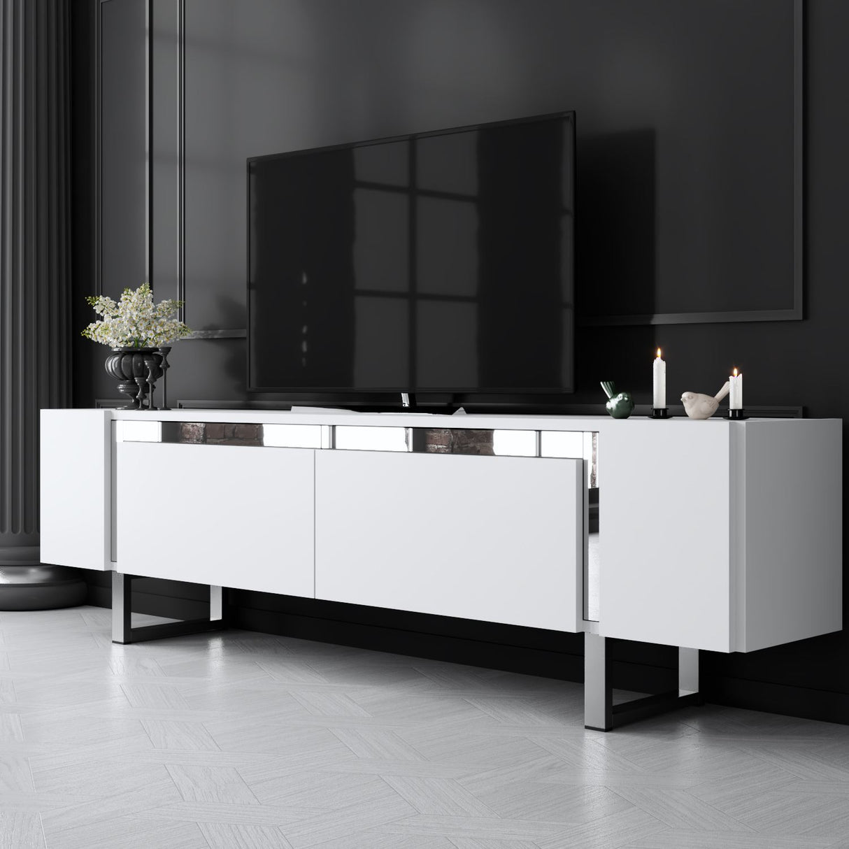 TV Meubels - TV Meubel Wit Yildiz 180x50x30 - Zilver Frame - Dimehouse