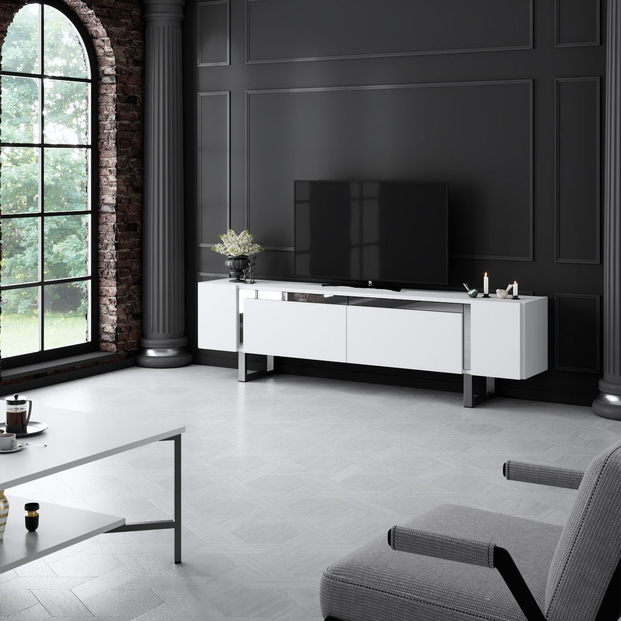 TV Meubels - TV Meubel Wit Yildiz 180x50x30 - Zilver Frame - Dimehouse