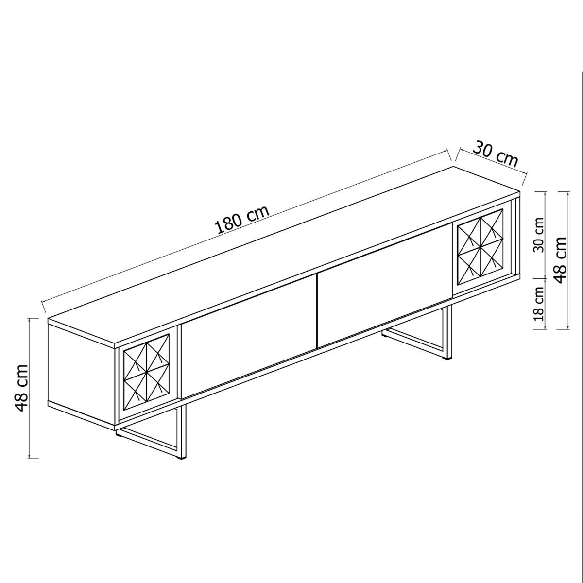 TV Meubels - TV Meubel Walnoot Chrome Line 180x48x30 - Zwart Frame - Dimehouse