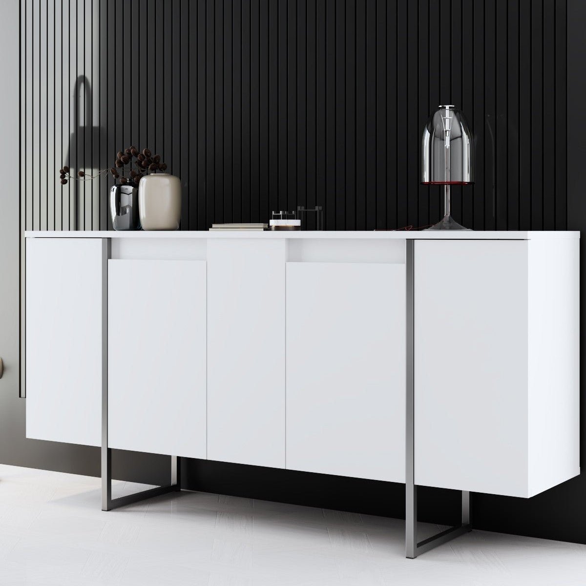 Dressoirs - Modern Dressoir Wit Luxe 160x80x35 - Zilver Frame - Dimehouse