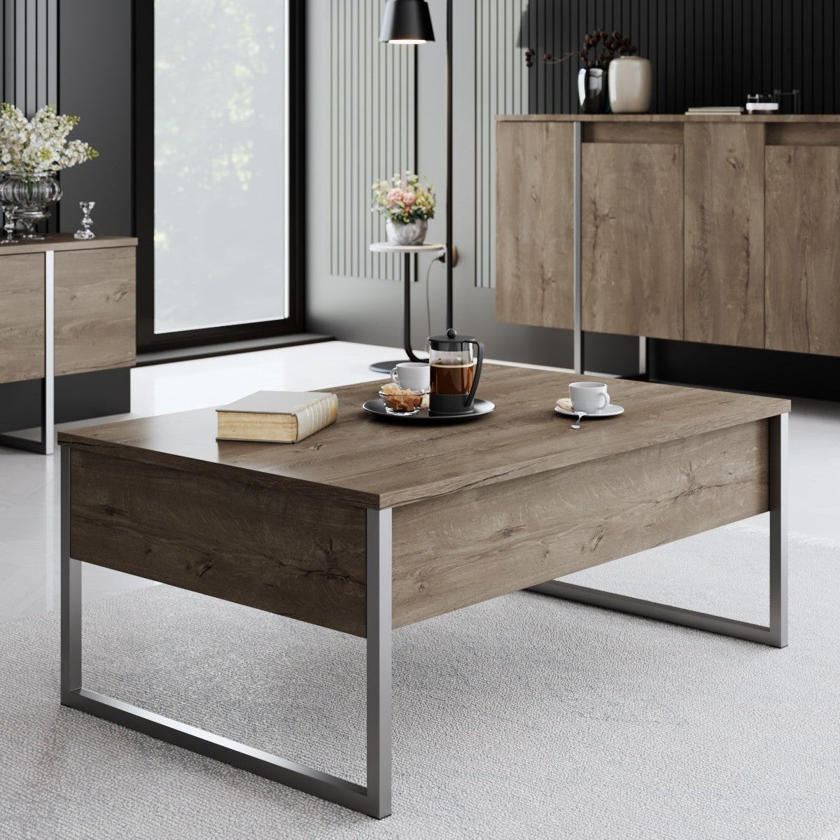 Salontafels - Rechthoekige Salontafel Walnoot Luxe 90x60 - Zilver Frame - Dimehouse