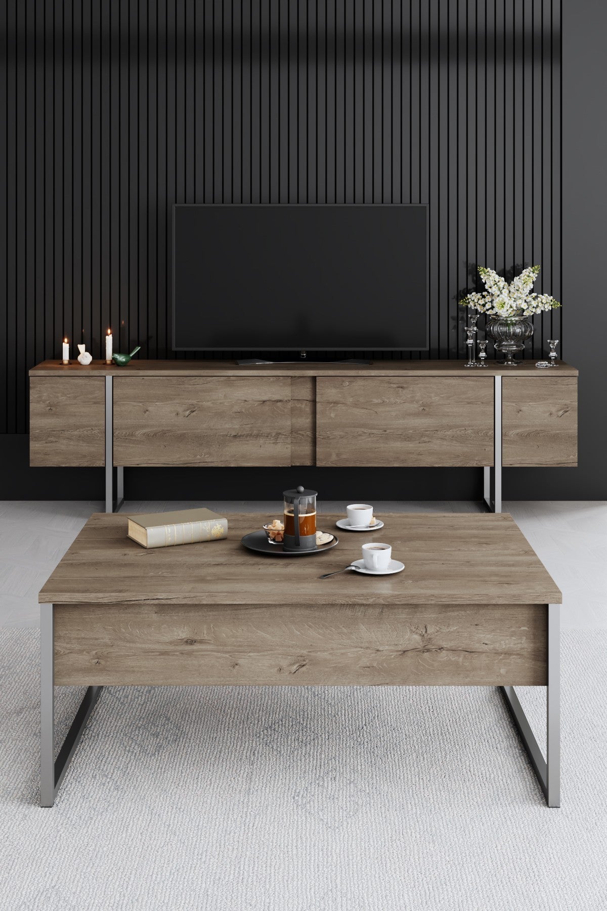 Salontafels - Rechthoekige Salontafel Walnoot Luxe 90x60 - Zilver Frame - Dimehouse