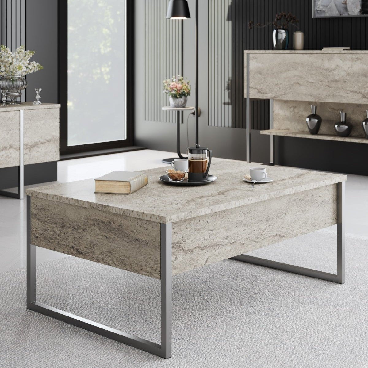 Salontafels - Rechthoekige Salontafel Travertin Luxe 90x60 - Zilver Frame - Dimehouse