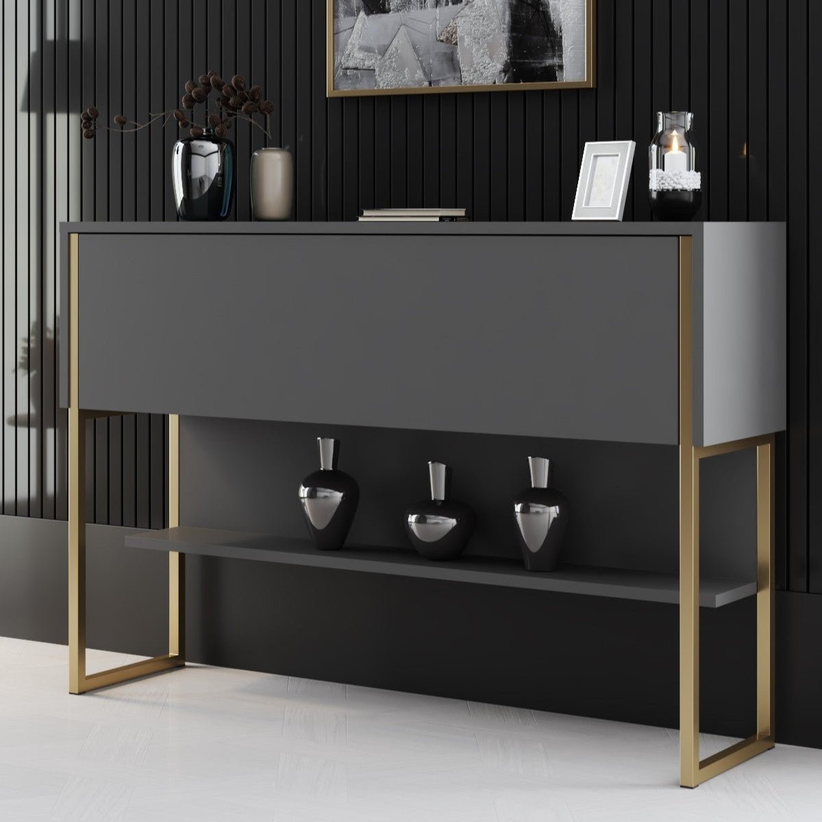 Moderno Aparador Antracita Lujo 120x80x30 - Marco Dorado - Un Compartimento