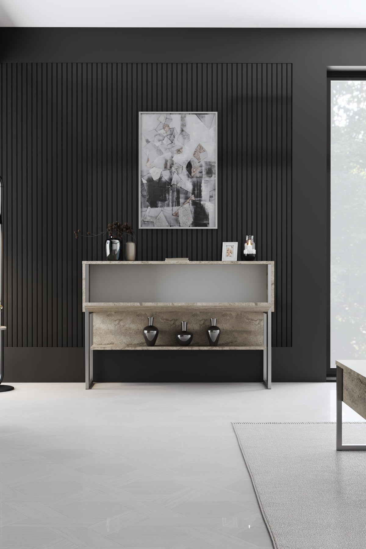 Dressoirs - Modern Dressoir Travertin Luxe 120x80x30 - Zilver Frame - Eén Vak - Dimehouse