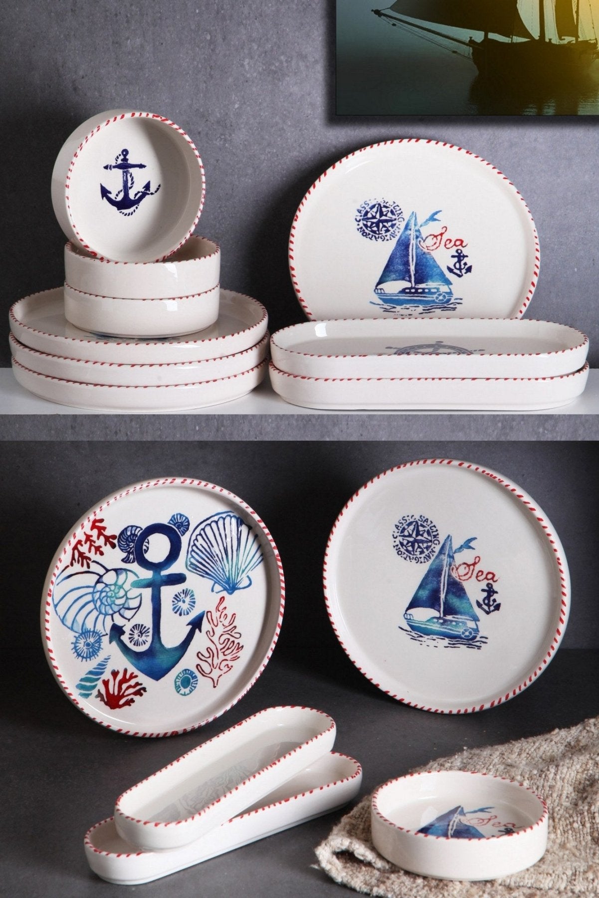 KAHSER14-MARINE Blanco Azul Rojo 100% CERÁMICA 6 cm de ancho