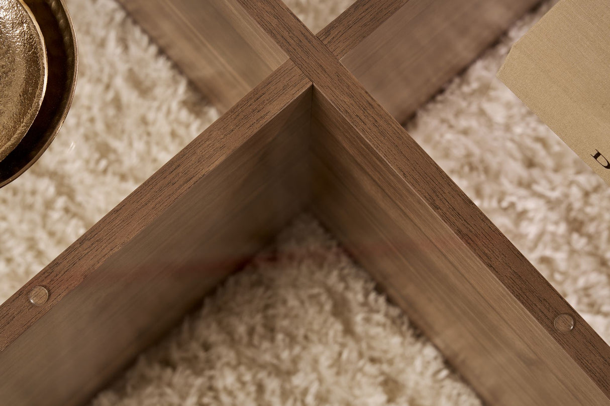 Mesa de centro redonda de vidrio Aris - Estructura de melamina de nogal