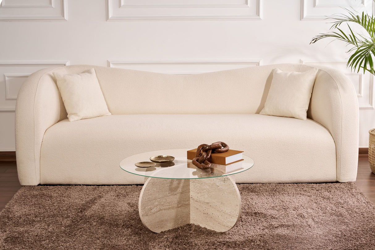 Mesa de salón Aris Redonda 75 cm de Vidrio - Base de Travertino