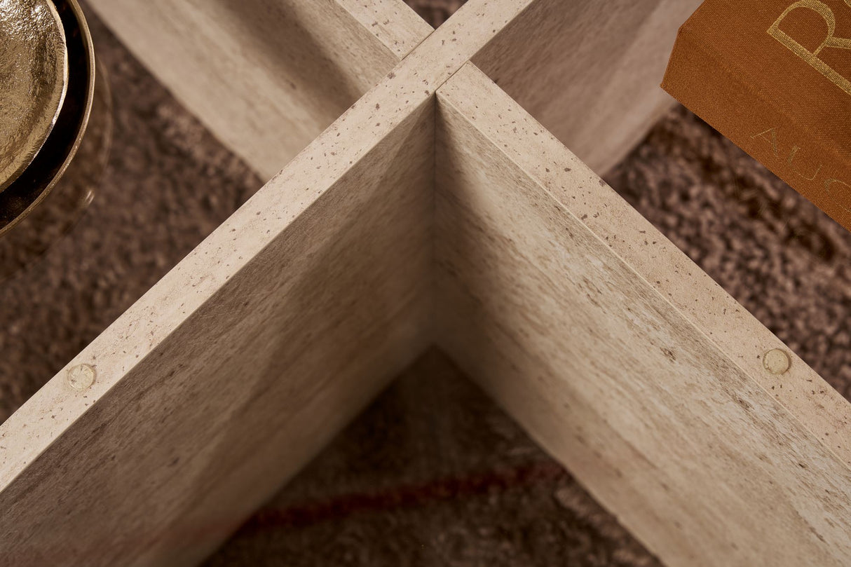 Mesa de salón Aris Redonda 75 cm de Vidrio - Base de Travertino