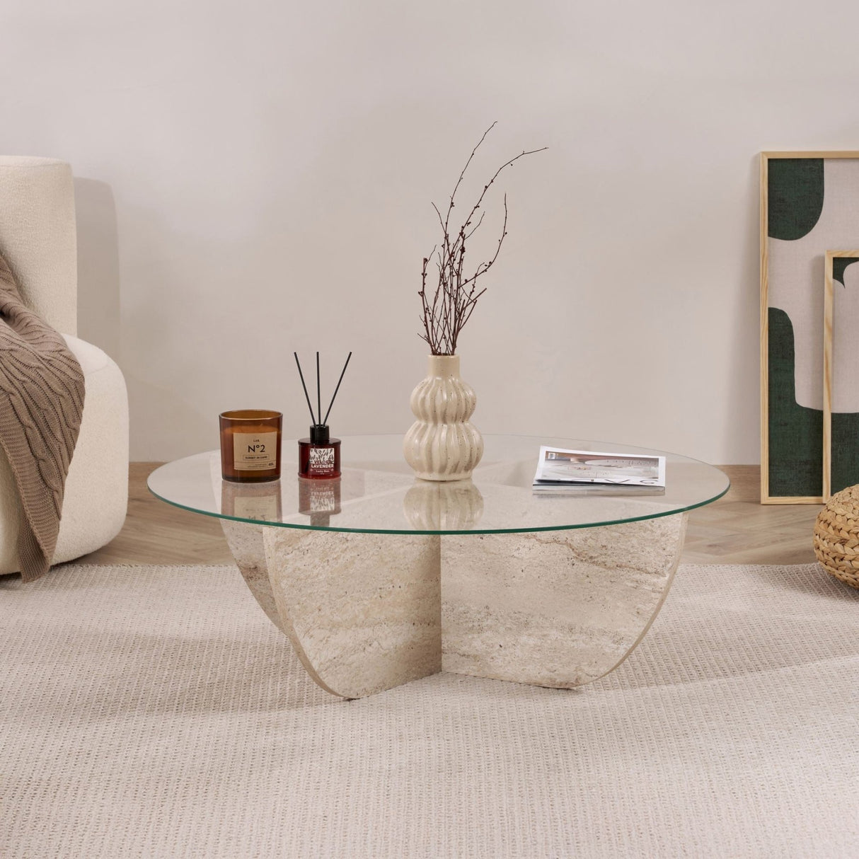 Mesa de centro Liya aspecto travertino ovalada 90 cm Vidrio templado
