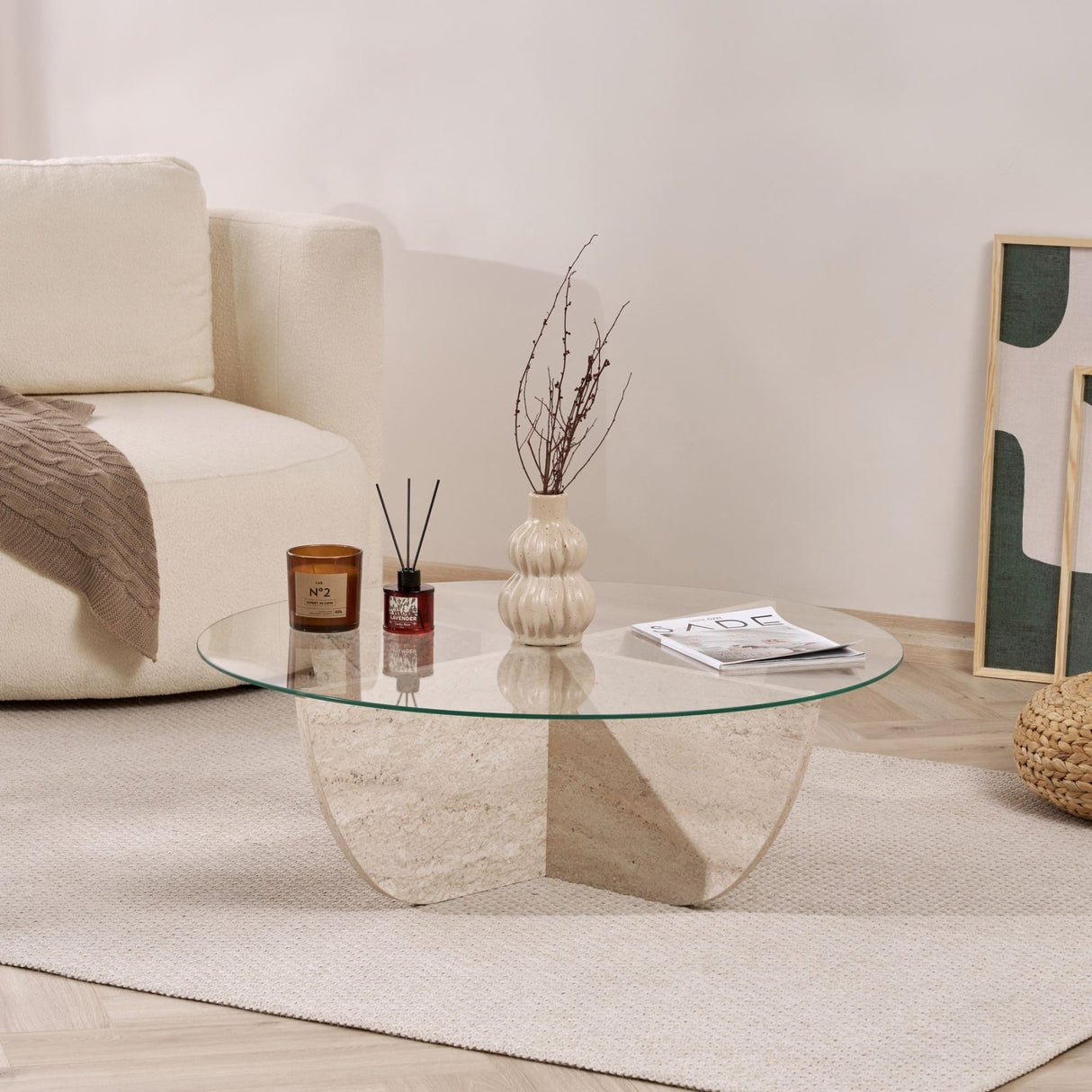 Mesa de centro Liya aspecto travertino ovalada 90 cm Vidrio templado
