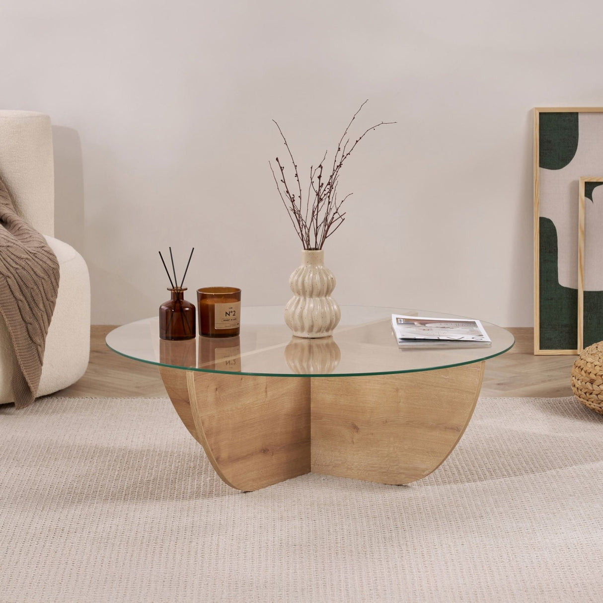 Mesa de centro Liya Roble Zafiro ovalada 90 cm Vidrio templado