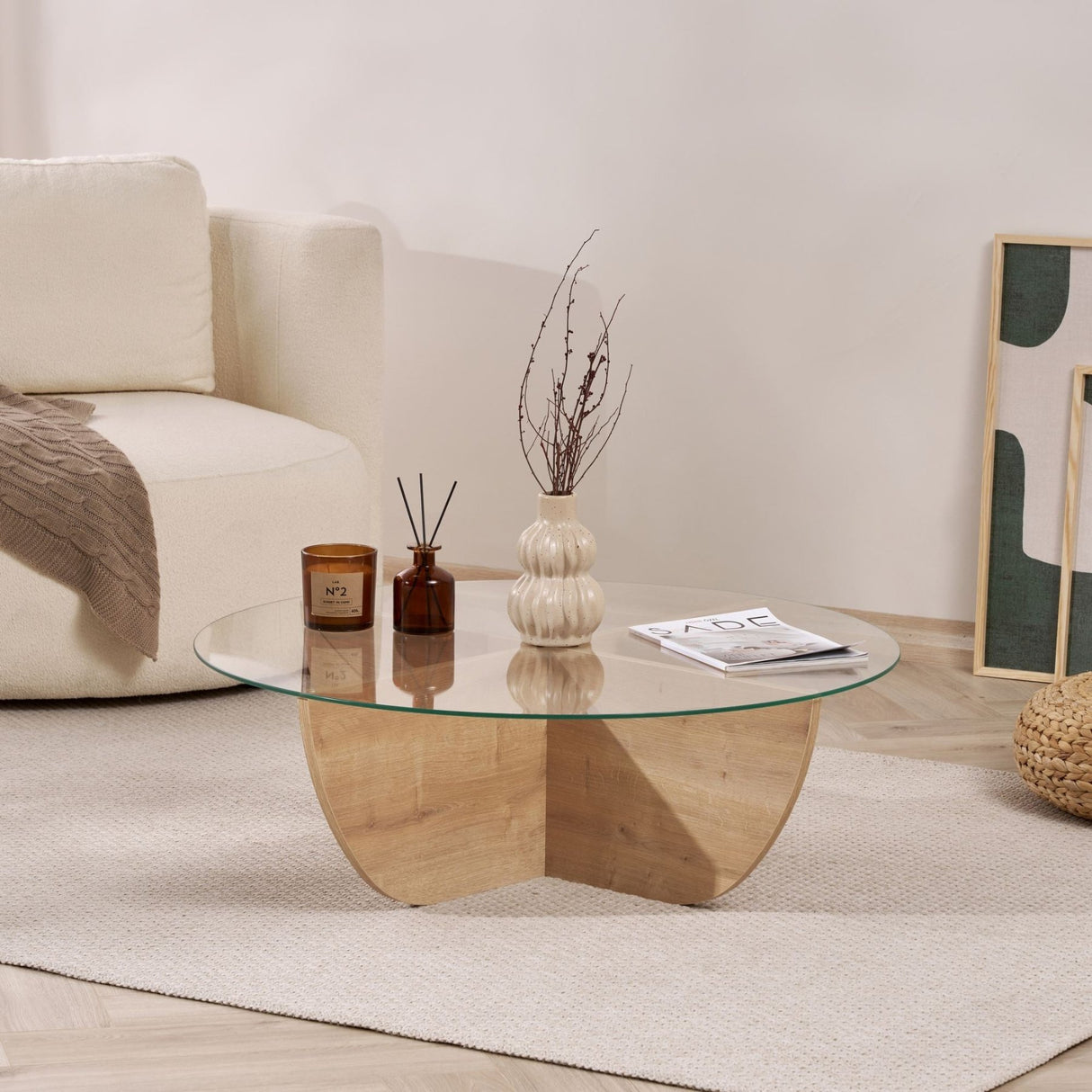Mesa de centro Liya Roble Zafiro ovalada 90 cm Vidrio templado