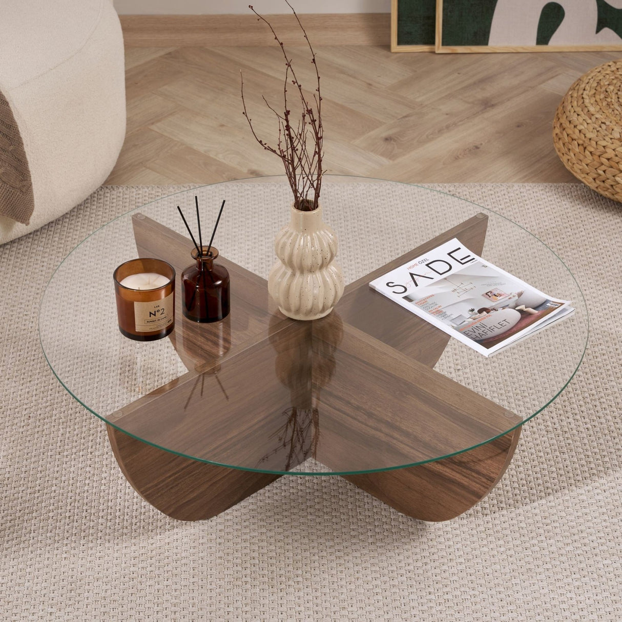 Mesa de centro Liya nogal ovalada 90 cm Vidrio templado