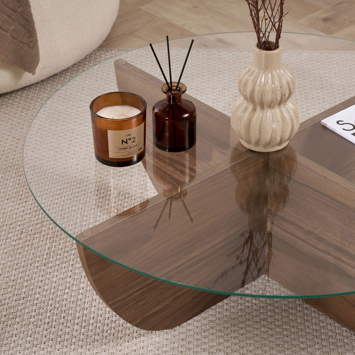 Mesa de centro Liya nogal ovalada 90 cm Vidrio templado