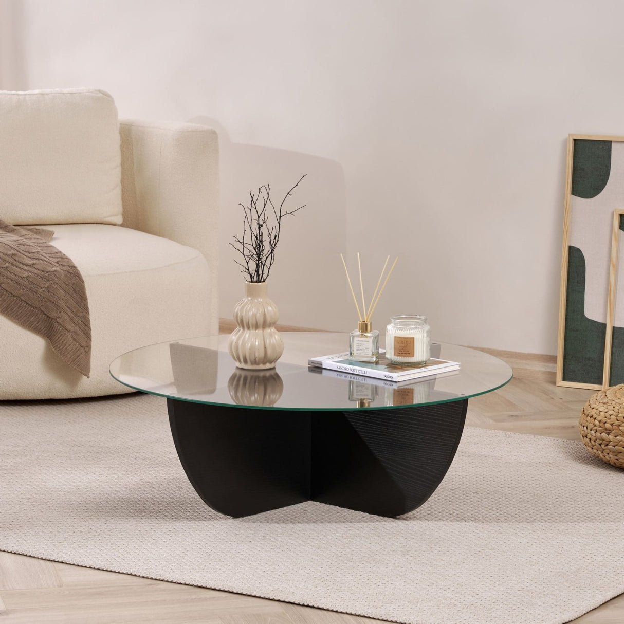 Mesa de centro Liya ovalada aspecto madera negra 90 cm Vidrio templado