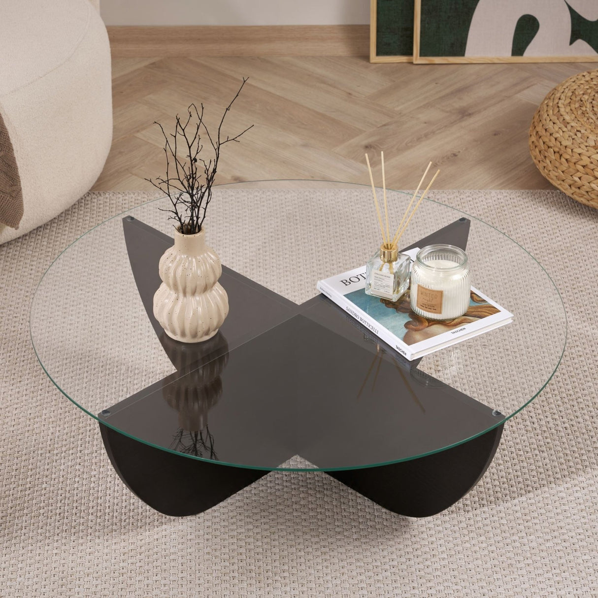 Mesa de centro Liya ovalada aspecto madera negra 90 cm Vidrio templado