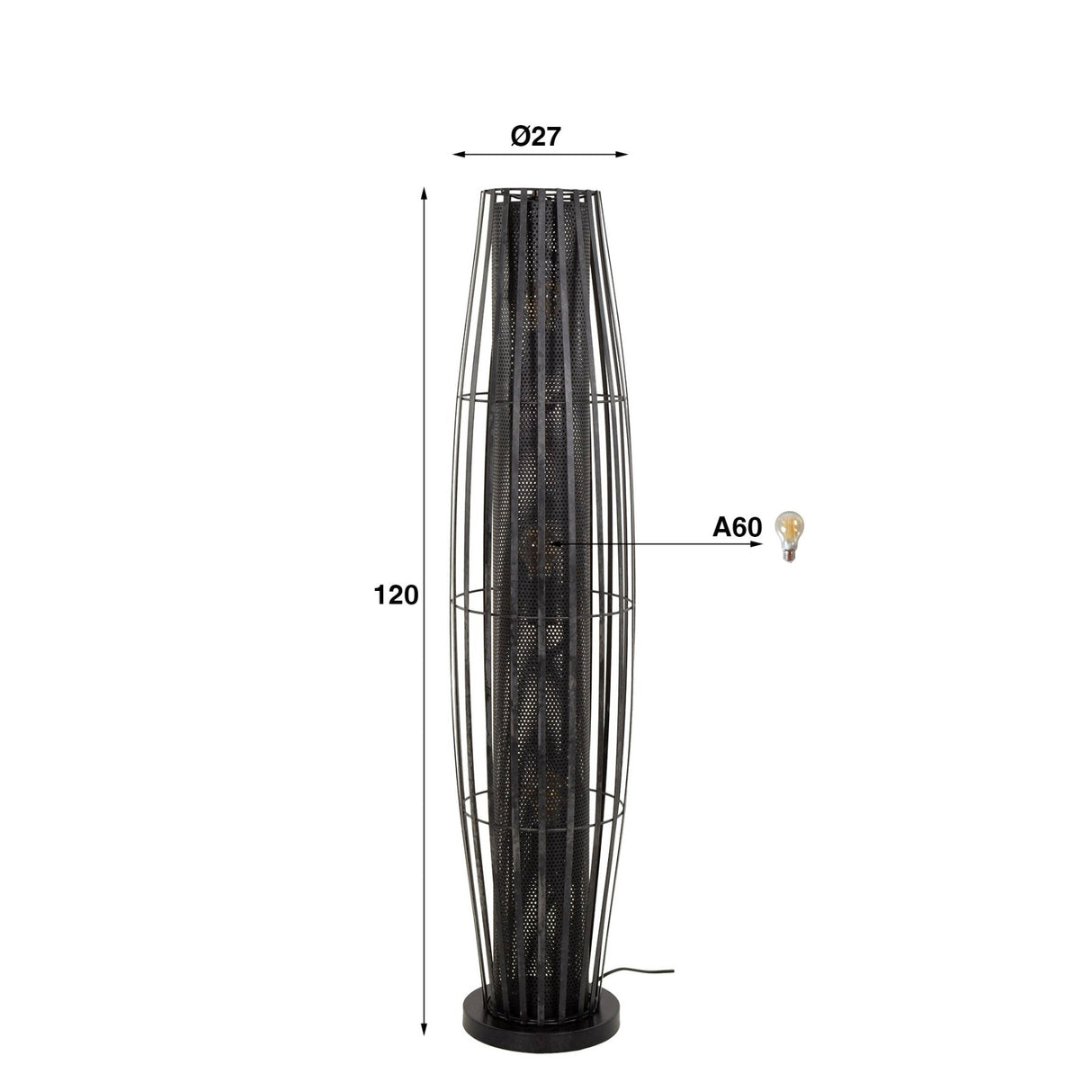 Lámpara de pie Liora 3 luces cilindro malla negra 120 cm