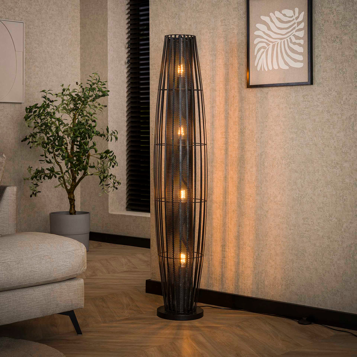 Lámpara de pie Liora 4 luces cilindro malla negra 150 cm