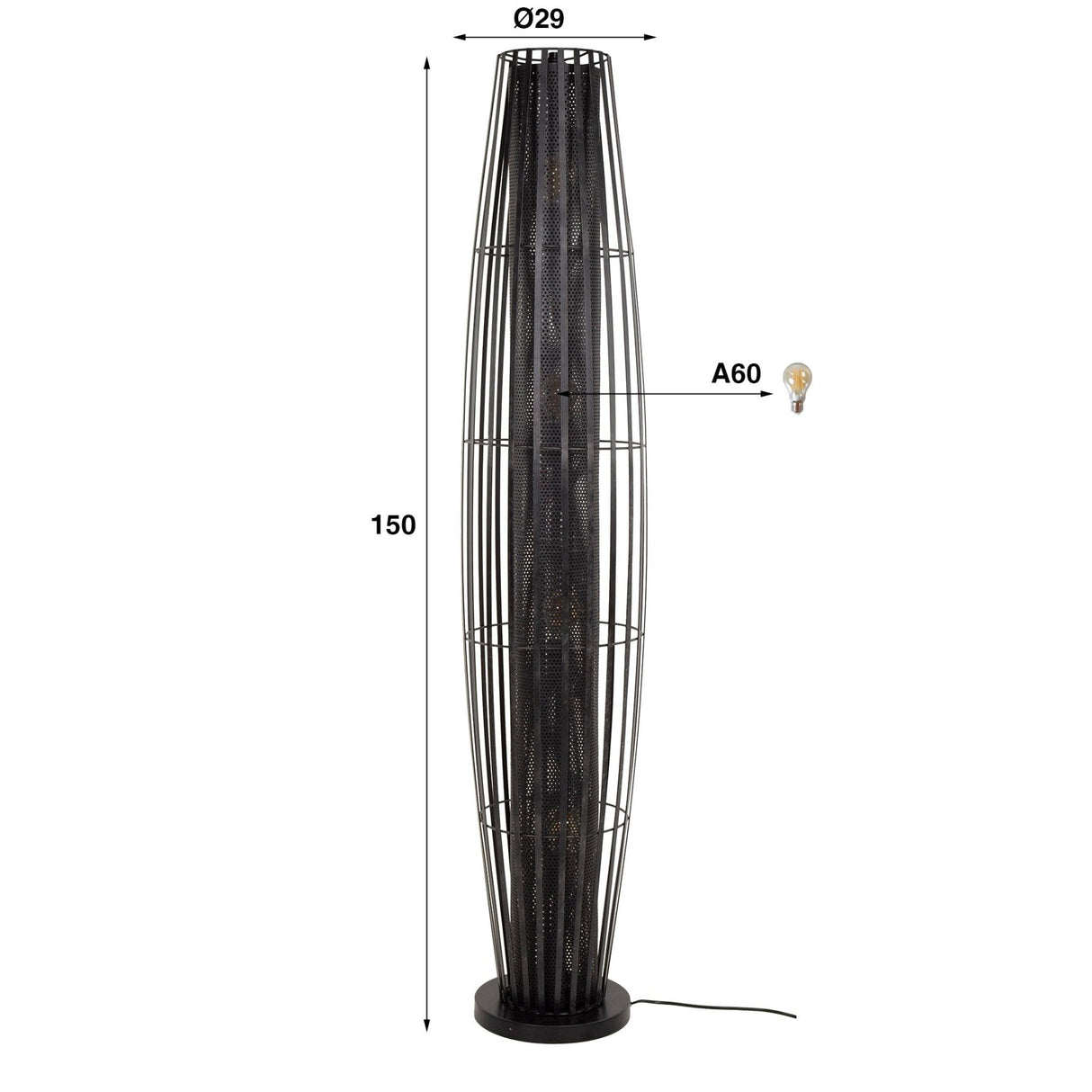 Lámpara de pie Liora 4 luces cilindro malla negra 150 cm