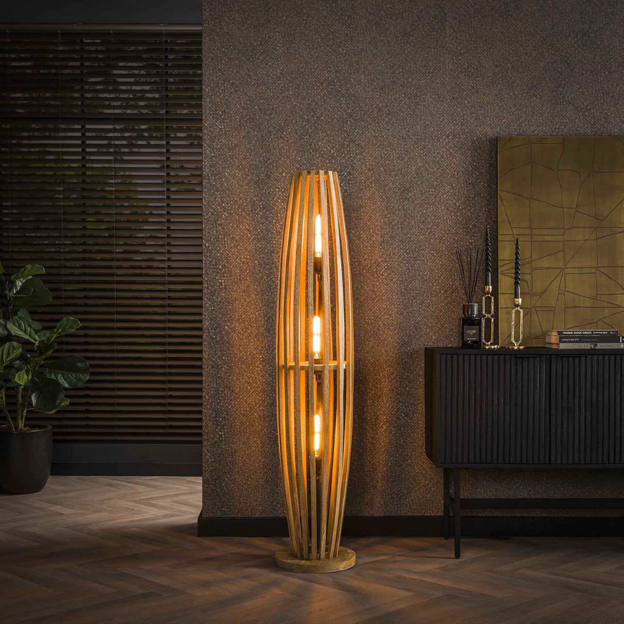 Vloerlampen - Vloerlamp Jalou mangohout 3 lichtbronnen - Dimehouse