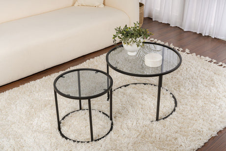 Juego de mesas de salón de 2, redondas, de vidrio - Marco negro - 60, 42 cm