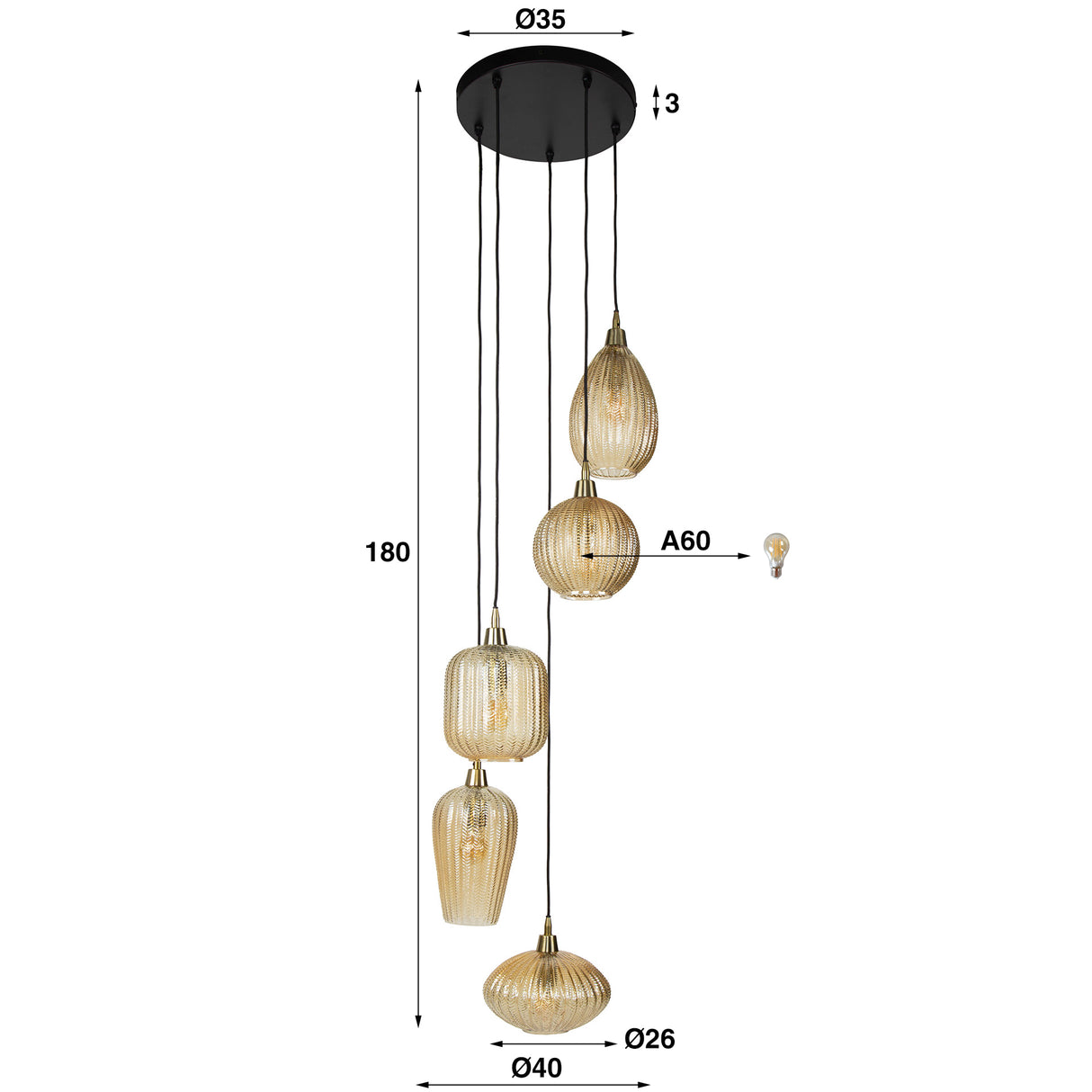 Hanglampen - Glazen Hanglamp Olaf 5 - lichts Amber Goud - Dimehouse