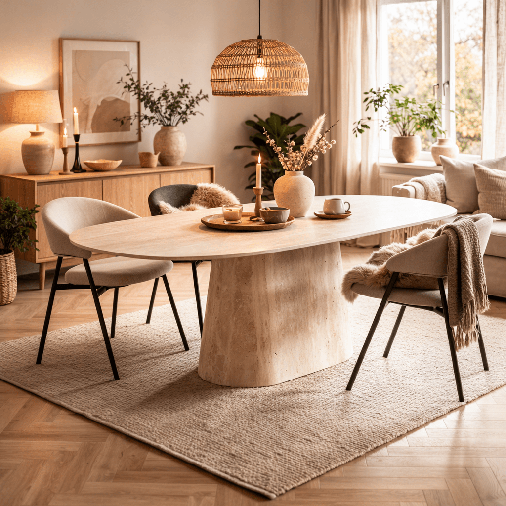 Mesa de comedor de travertino con aspecto de piedra sinterizada Lea 180x90 cm - Ovalada danesa