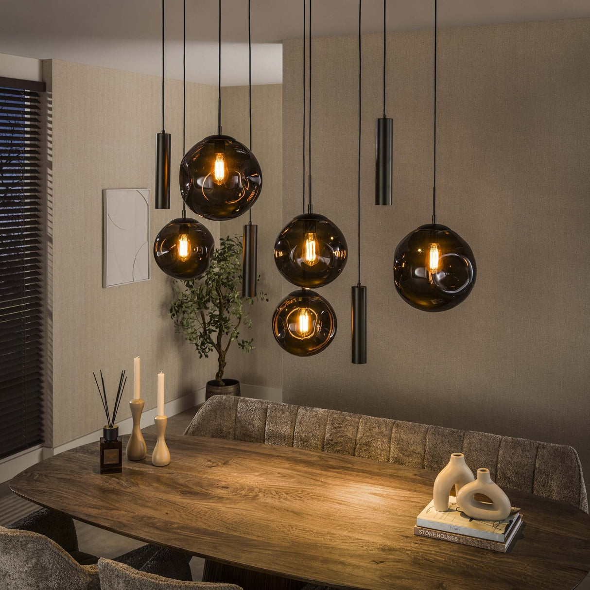 Lámpara colgante Stellar en marrón sienna con 9 puntos de luz