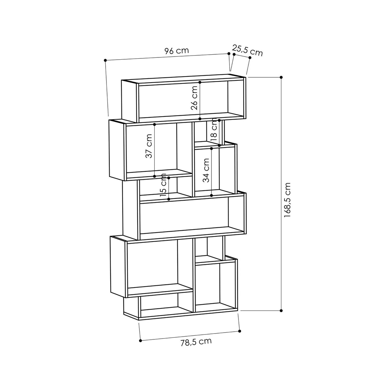 Boekenkasten - Asymmetrische boekenkast eikenlook melamine Karmato 96x168,5x25,5 cm - Dimehouse