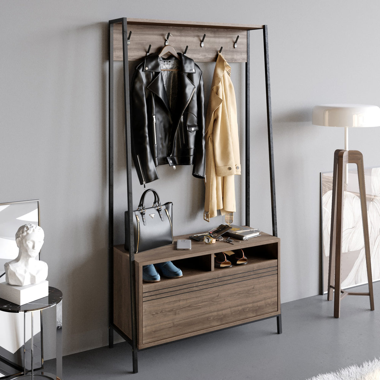 Mueble de guardarropa Perchero Nogal Melamina Devon - Con Compartimentos y Cajón