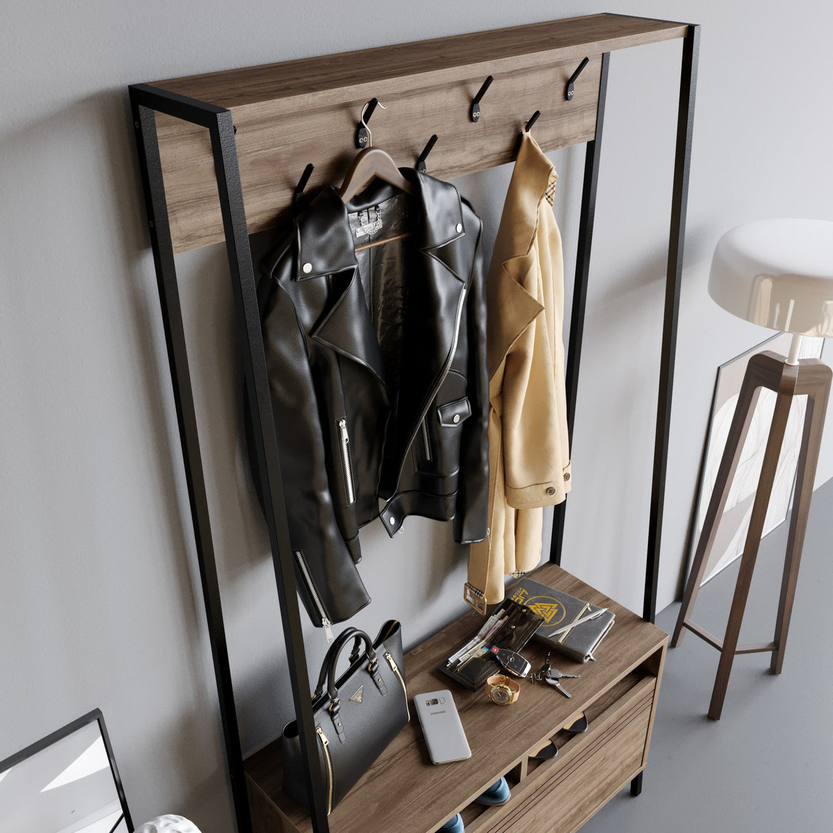 Mueble de guardarropa Perchero Nogal Melamina Devon - Con Compartimentos y Cajón