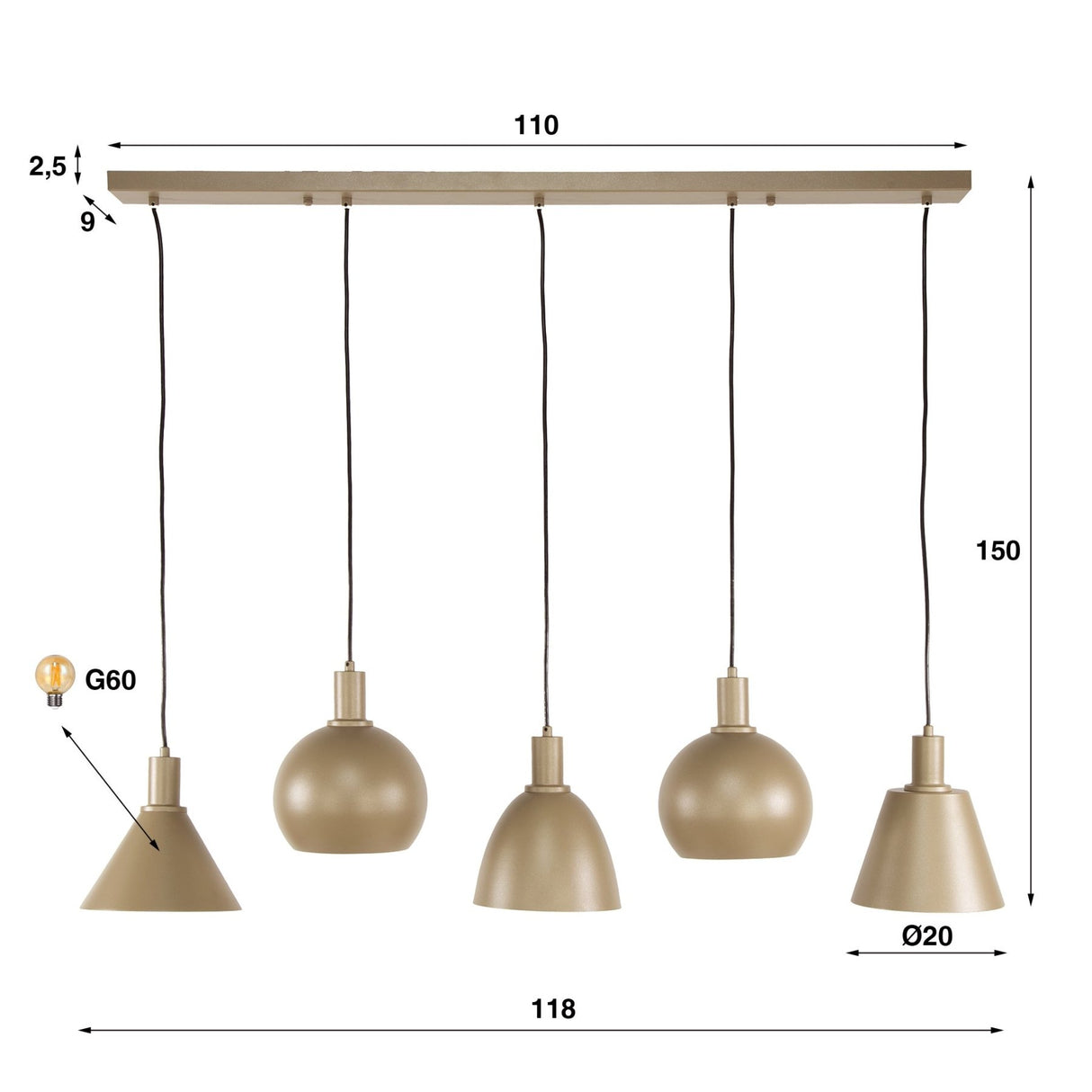 Lámpara colgante Nova de 5 luces - Beige - 120 cm