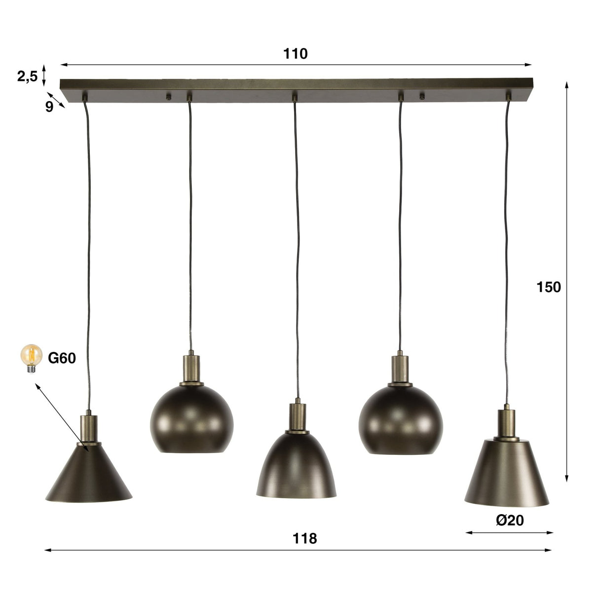Lámpara colgante Sienna de 5 luces, industrial - Marrón, 120 cm