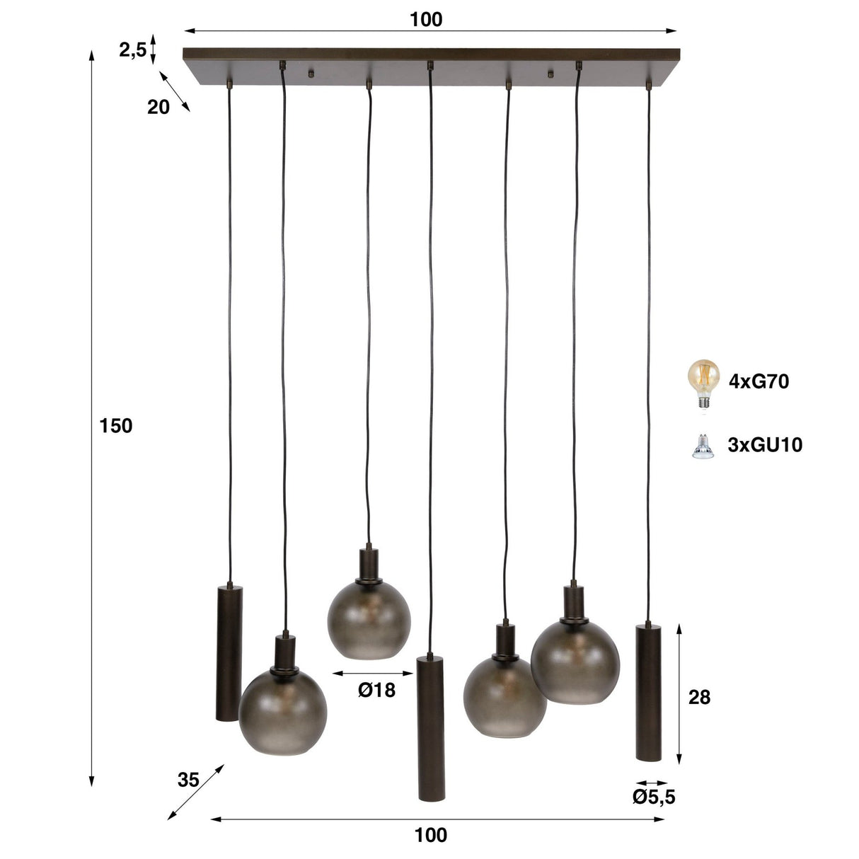 Hanglampen - Hanglamp 7 - lichts bruin frosted glas brons metaal Valeo 110 cm - Dimehouse